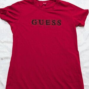 Y2K GUESS Los Angeles Womens Red Rhinestone T-Shirt Dress Sz L 90s Bling Logo